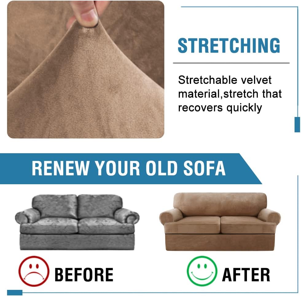 H.VERSAILTEX Sofa Cover 3 Piece T Cushion Sofa Slipcovers Thick Velvet Couch Cover Furniture Protector Stretch T Cushion Sofa Covers for 2 Cushion Couch with 2 Individual T Cushion Covers, Camel