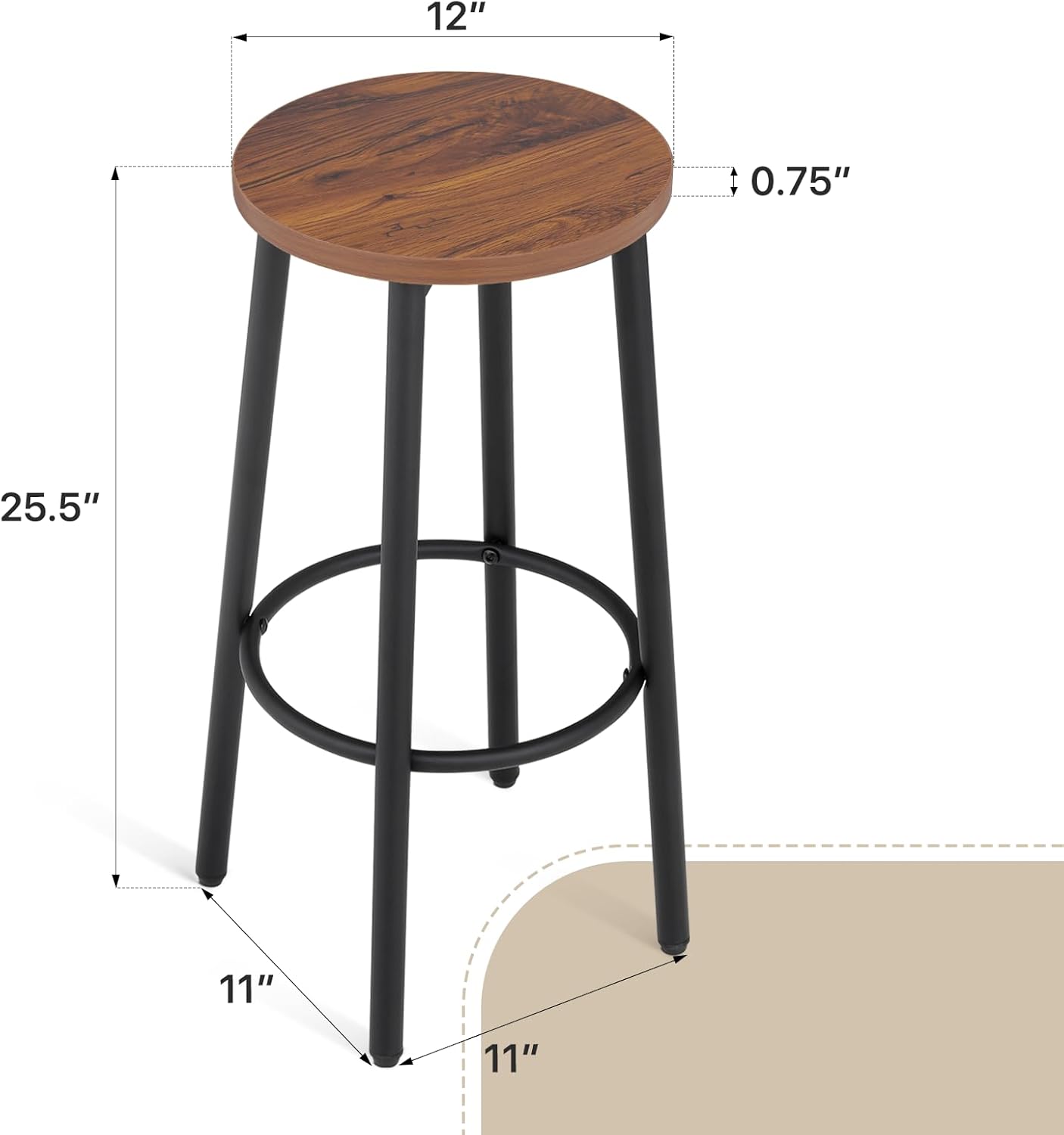 Athena Collection Bar Stools Set of 2, 25.5 Inches Round Counter Height Bar Stools Backless with Metal Legs and Footrest, Wood Barstools for Home, Kitchen Island, Counter, Brown