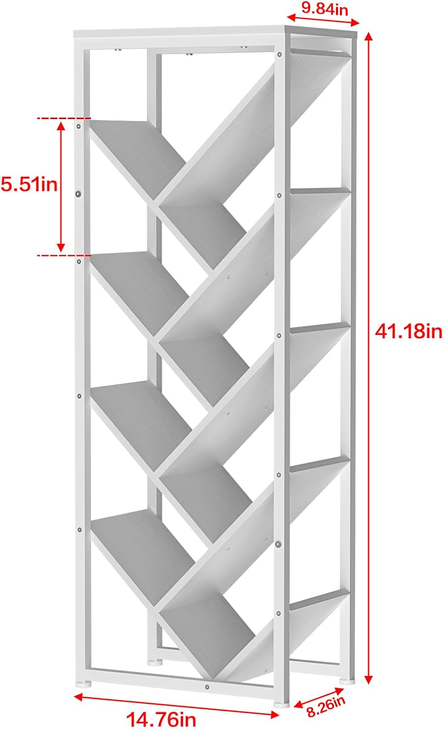 9 Tier Tree Bookshelf - White Book Shelf Floor Standing Modern Bookcase for Hardcover Books, Small Bookshelf for Small Spaces Bookshelves Wooden Book Storage Organizer Shelves for Bedroom Living Room