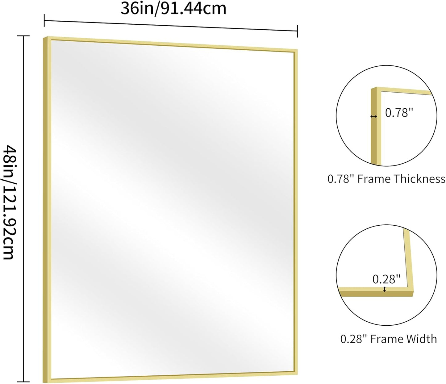 YIROMAN Bathroom Mirror 48"x36", Large Brushed Gold Bathroom Mirror for Over Sink with Aluminum Frame, Rectangular Vanity Mirror with Right Angle, Wall Mirror Hangs Horizontal or Vertical