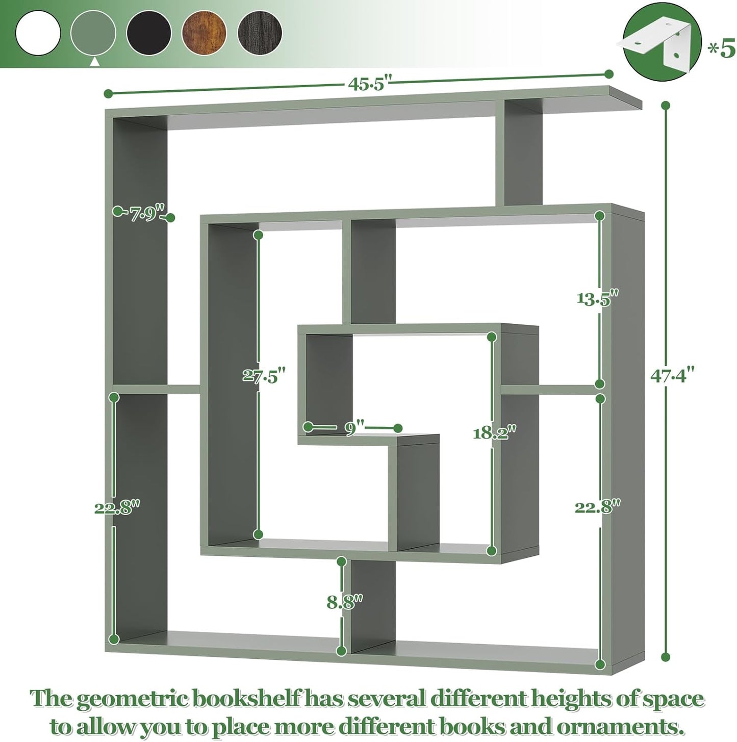 Armocity 6 Tier Display Book Shelf Wall Mounted Bookshelf Freestanding Geometric Bookcase Floating Book Shelves for Wall Bedroom Living Room Home Office, 45.5"(W) * 47"(H), Crab Green