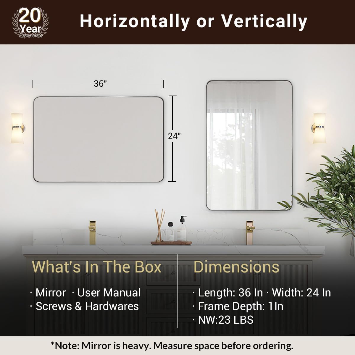 ANDY STAR Chrome Mirror for Bathroom, 24"x36" Metal Frame Wall Mirror with Rounded Corner, Modern Rectangle Bathroom Vanity Mirror with Polish Finish