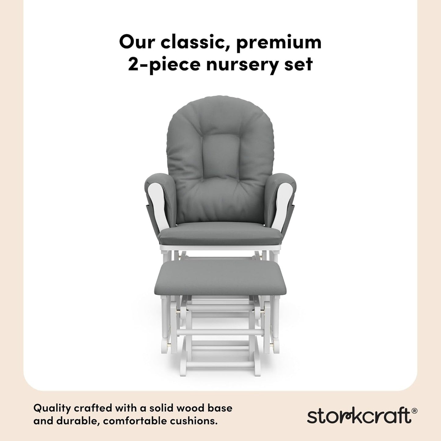 Storkcraft Premium Hoop Glider & Ottoman (White/Gray) — GREENGUARD Gold Certified Nursery Glider, Solid Wood Craftsmanship, Smooth-Gliding Nursery Chair and Ottoman, Award-Winning