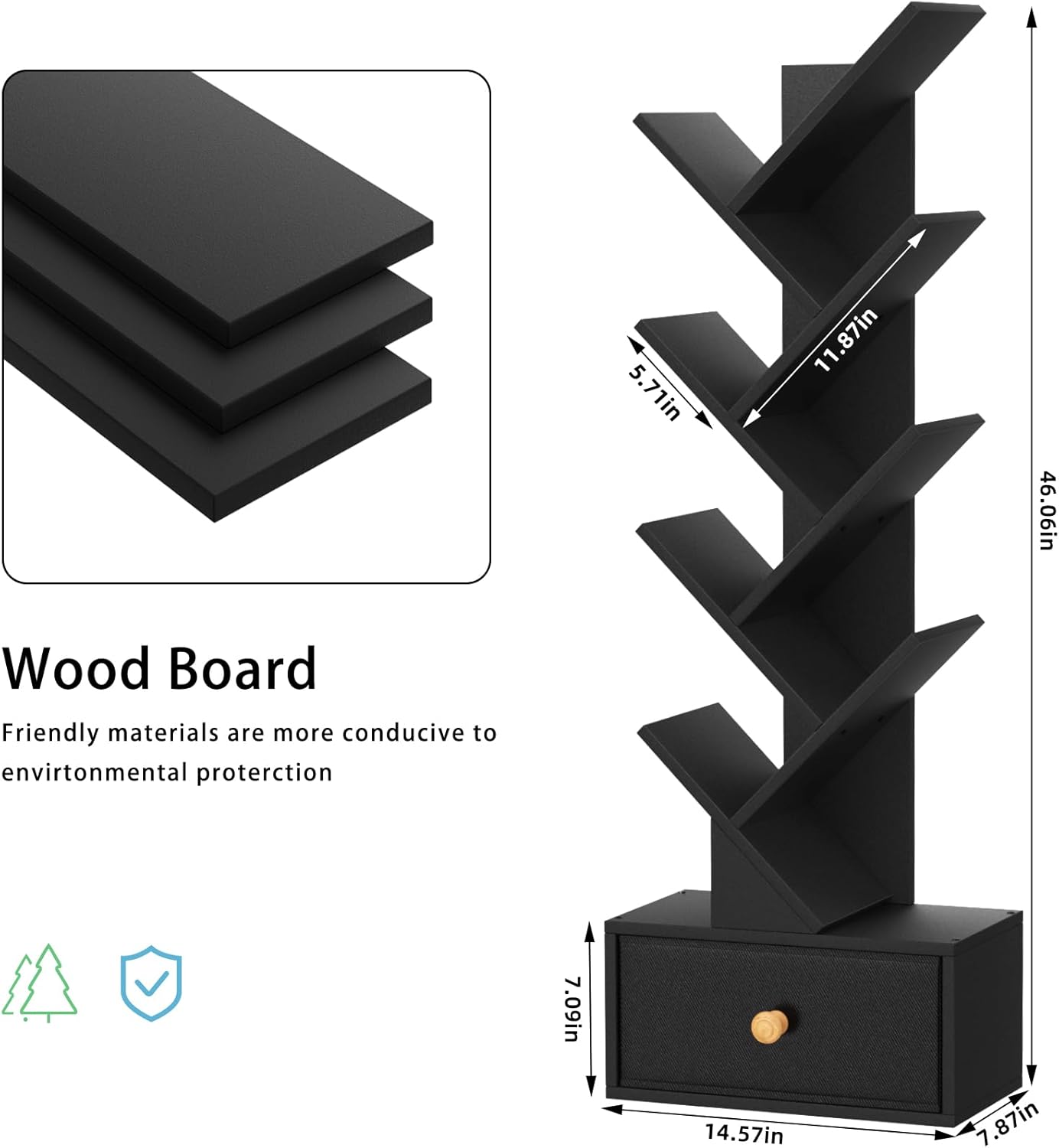 8 Tier Tree Bookshelf with Drawer, Free Standing Wood Bookcase for Living Room, Bedroom, Home Office, Space Saving Storage Organizer Bookshelves for Books, CDs, Vinyl Records- Black