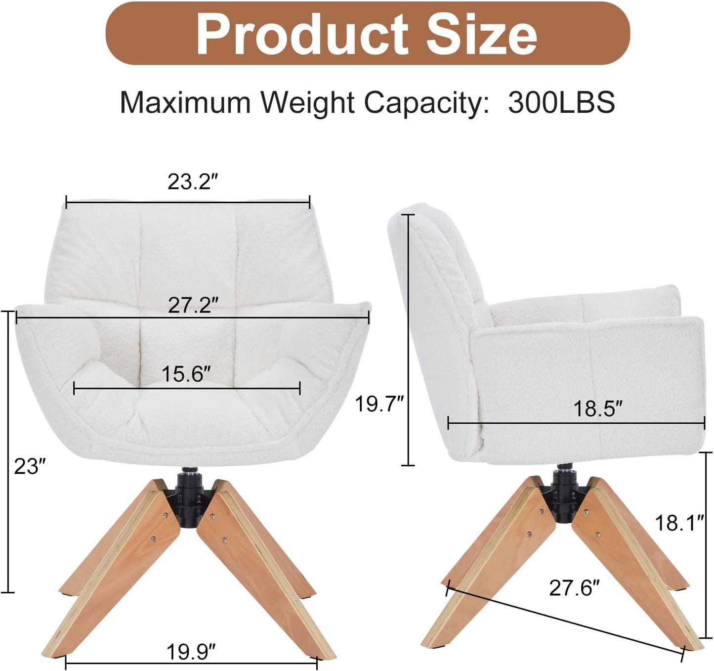 Mid Century Accent Chair, Lambs Wool Vanity Chair Modern Cozy Desk Chair no Wheels with Amrest, Wood Legs for Living Room, Reading Room, Bedroom, White