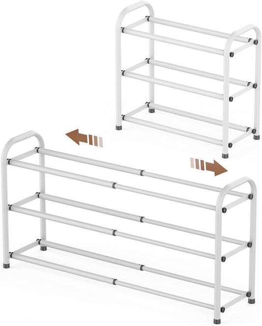 Gonfoam 3-Tier Expandable Shoe Rack,Adjustable Shoe Shelf Storage Organizer Heavy Duty Metal Free Standing Shoe Rack for Entryway Closet Doorway (White)