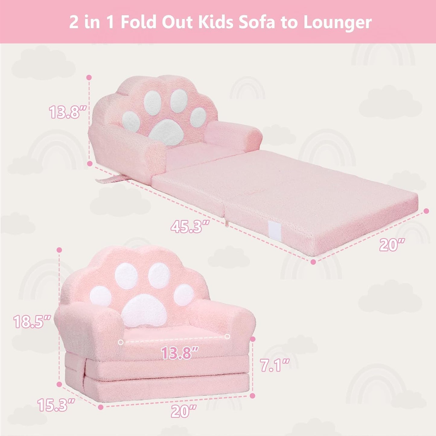 MONKISS Cat Paw Kids Couch, Toddler Chairs Comfy, Toddler Couch Bed Fold Out, Baby Lounge Chair, Birthday Gift for Girls, 1-4 Years Old, SF06, Pink