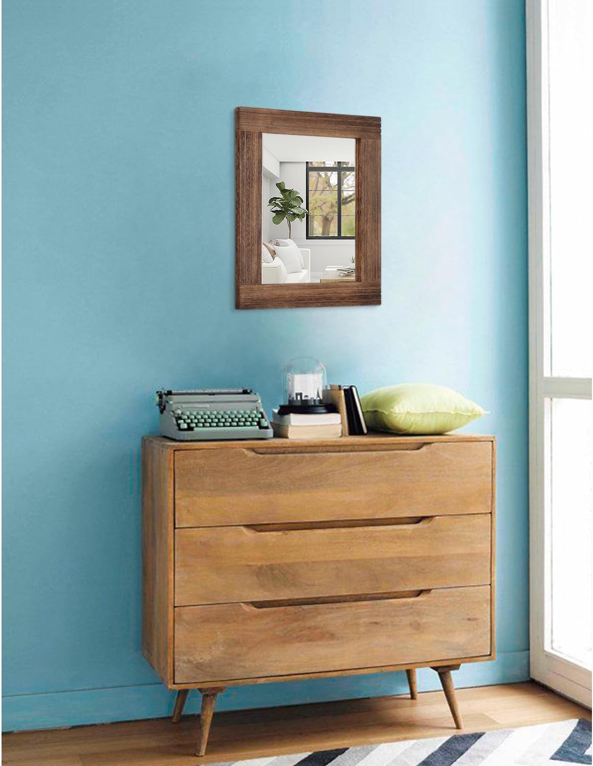 Wood Mirror Rectangular Framed Rustic Vintage Mirrors Decor Farmhouse Bedroom Bathroom Mirror for Dressing Table Entrance Small 16"x12" Brown