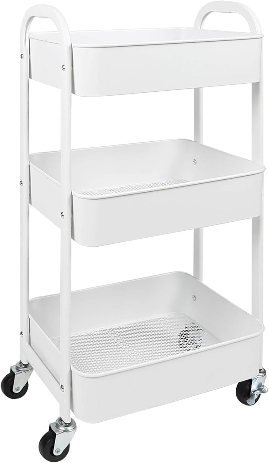 MAX Houser 3-Tier Rolling Utility Cart with Caster Wheels,Easy Assembly, for Kitchen, Bathroom (White)