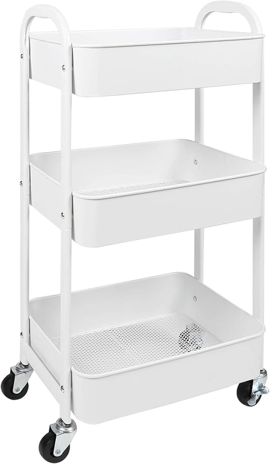 MAX Houser 3-Tier Rolling Utility Cart with Caster Wheels,Easy Assembly, for Kitchen, Bathroom (White)