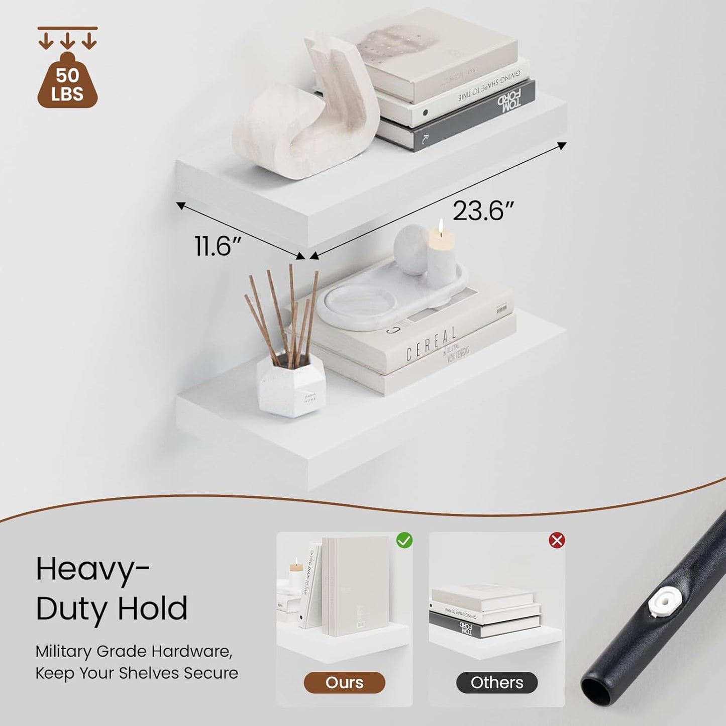 Heimlove 12" Deep White Floating Shelves for Wall, 24 Inch Wall Shelf Bathroom Shelves Set of 2, Wall Mounted Shelves for Books Living Room Laundry Room Bedroom Kitchen Home Office