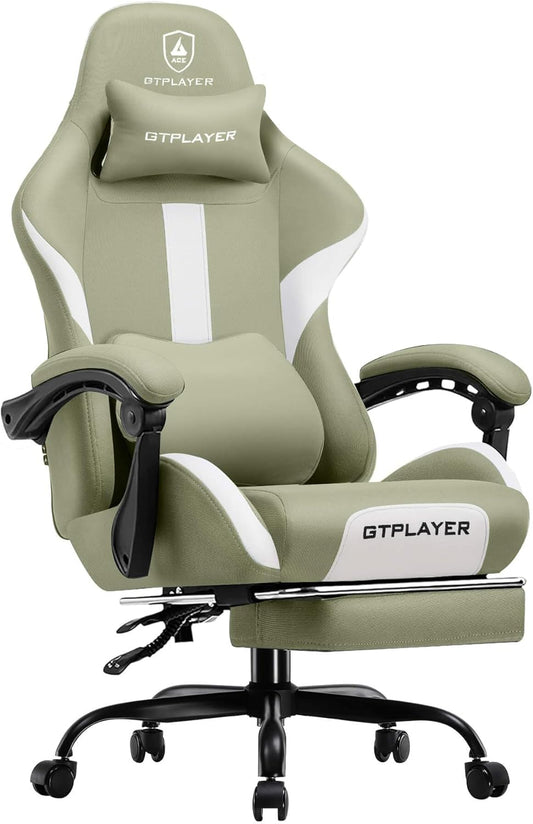 GTRACING Gaming Chair with Foot Rest & Pocket Spring Cushion, Breathable Fabric for Home Office Desk, Ergonomic High Back Computer Chair with Headrest & Lumbar Support, Green