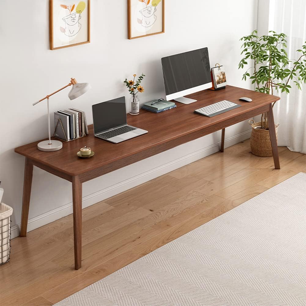 Mid-Century Long Desk Table - 63" Simple Modern Extra Long 2-Person Wood Computer Workstation for Home Office Work in Walnut, 63" W x 24" D