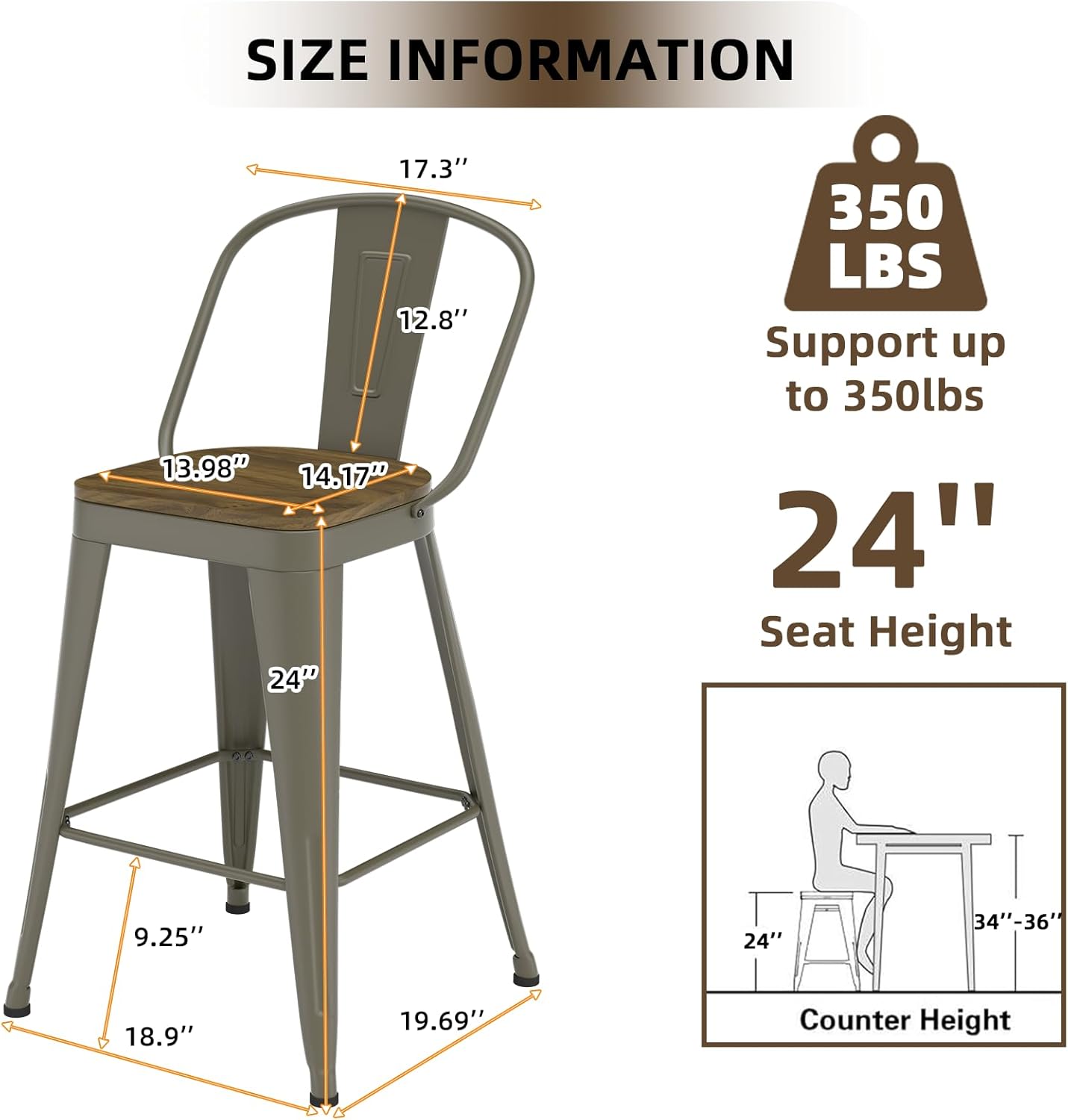 Metal Bar Stools Set of 4, High Back Bar Stools with Wooden Seat, 24 inch Rusty Barstools for Kitchen Island