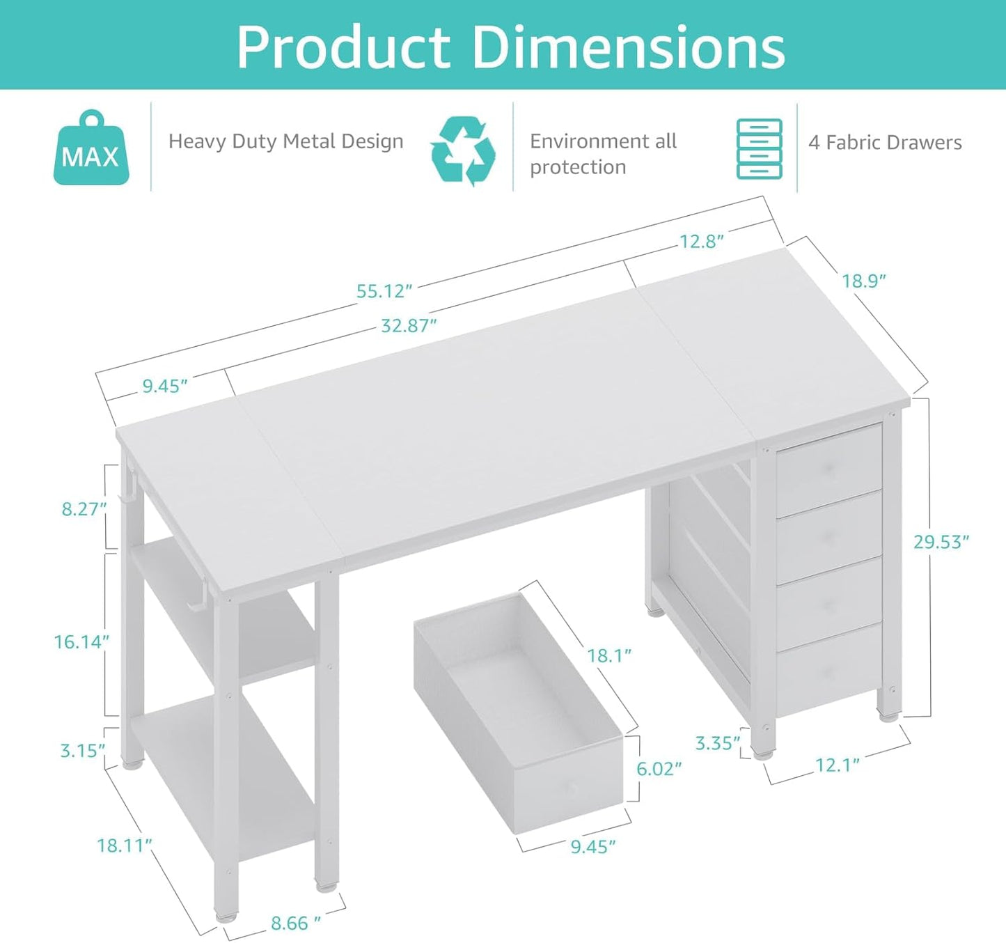 Lufeiya White Computer Desk with Fabric Drawers & Storage Shelves, 55 Inch Study Work Writing Desk for Home Office Bedroom, Simple Modern Cute PC Desks Table, White