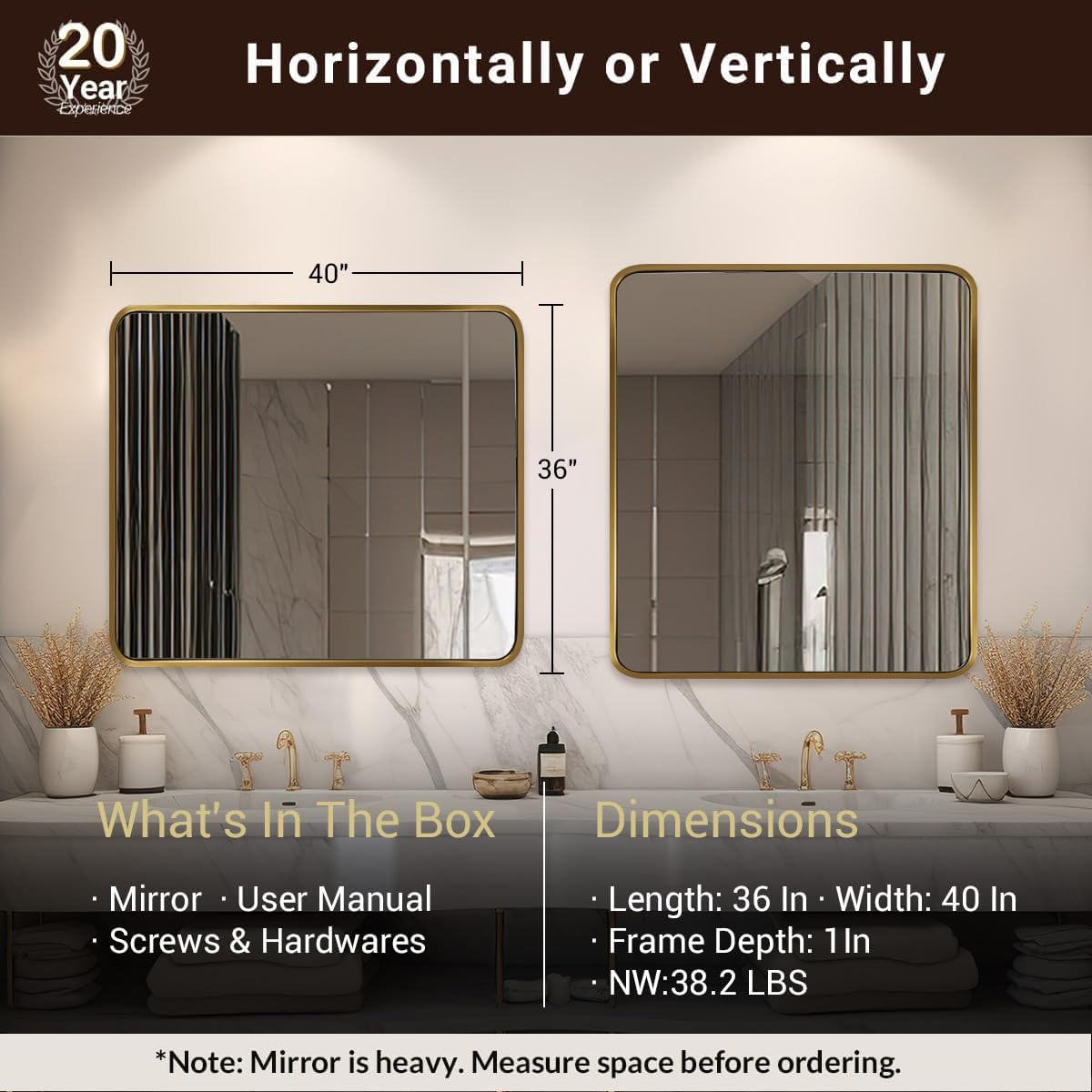 ANDY STAR 40x36 Inch Gold Bathroom Mirror, Brushed Gold Mirrors for Wall in Anti-Rust SUS304 Tube Metal Frame, Rounded Rectangle Mirrors 1’’ Deep Wall Mounted Vertically/Horizontal for Bathroom