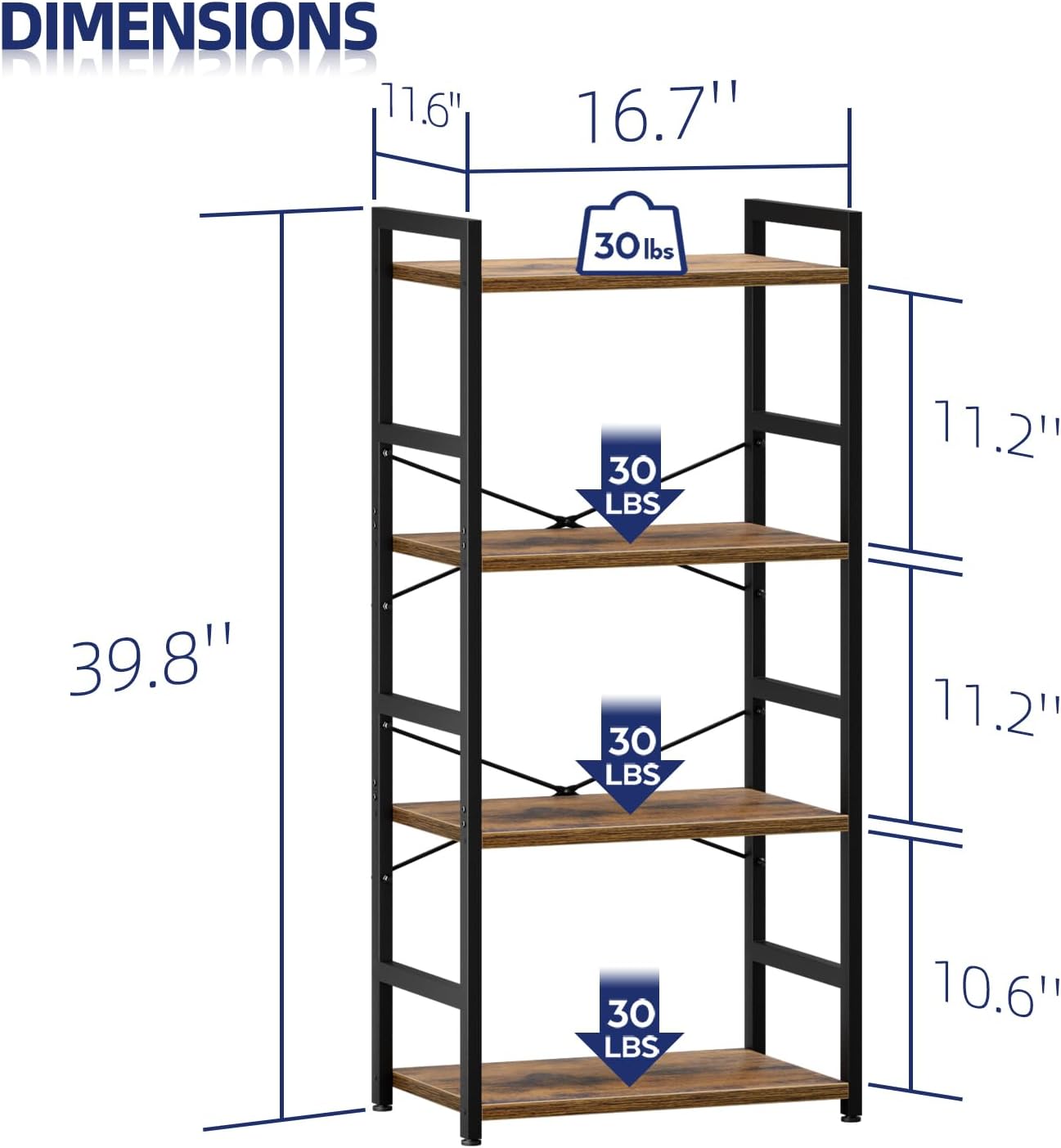 NUMENN 4 Tier Small Bookshelf, Industrial Bookcase Shelf Storage Organizer, Modern Book Shelf for Bedroom, Living Room and Home Office, Vintage