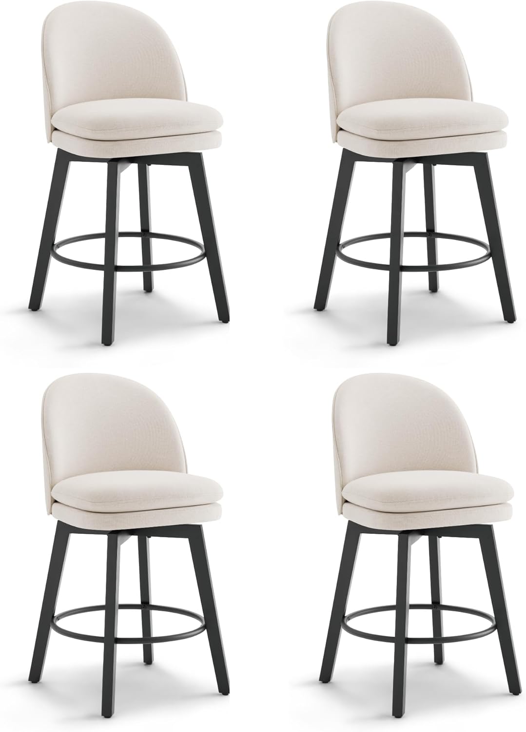 Counter Height Barstools 26 inch Upholstered Swivel Bar Stools with Back and Wood Legs for Kitchen Island,Set of 4,Beige Fabric-Armless