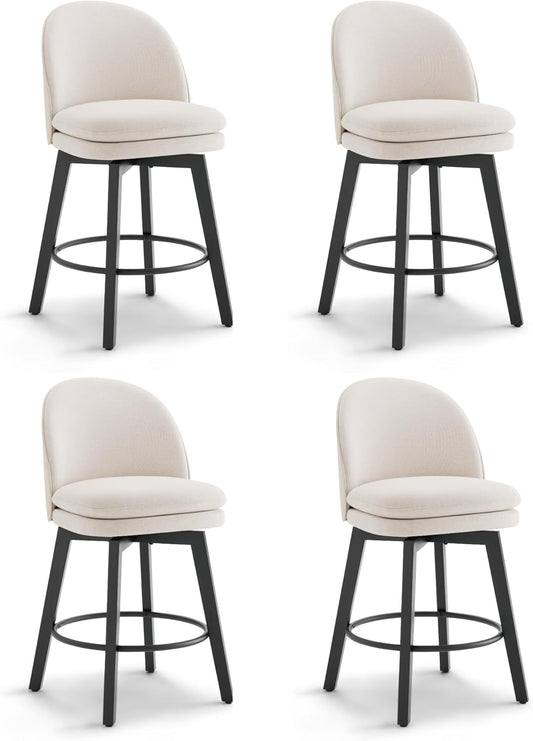Counter Height Barstools 26 inch Upholstered Swivel Bar Stools with Back and Wood Legs for Kitchen Island,Set of 4,Beige Fabric-Armless