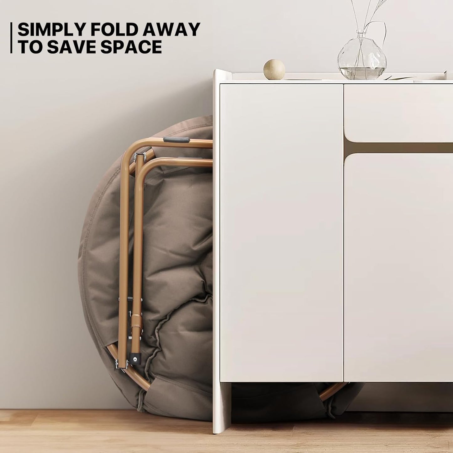 MoNiBloom Round Folding Faux Fur Saucer Chair for Bedroom Living Room Dorm Foldable Metal Frame Oversized Large Comfy Furry Padded Soft Cozy Moon Chair with Footrest Ottoman for Adults (Beige)