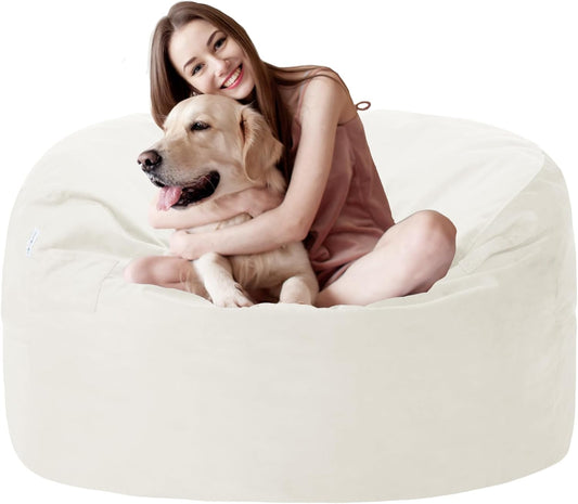 3FT Bean Bag Chair with Ultra Soft Velvet Cover Bean Bag Sofa with Memory Foam Bean Bag Chairs with Large Size Lazy Sofa for Dorm Office Living Room Bedroom Off White 3'