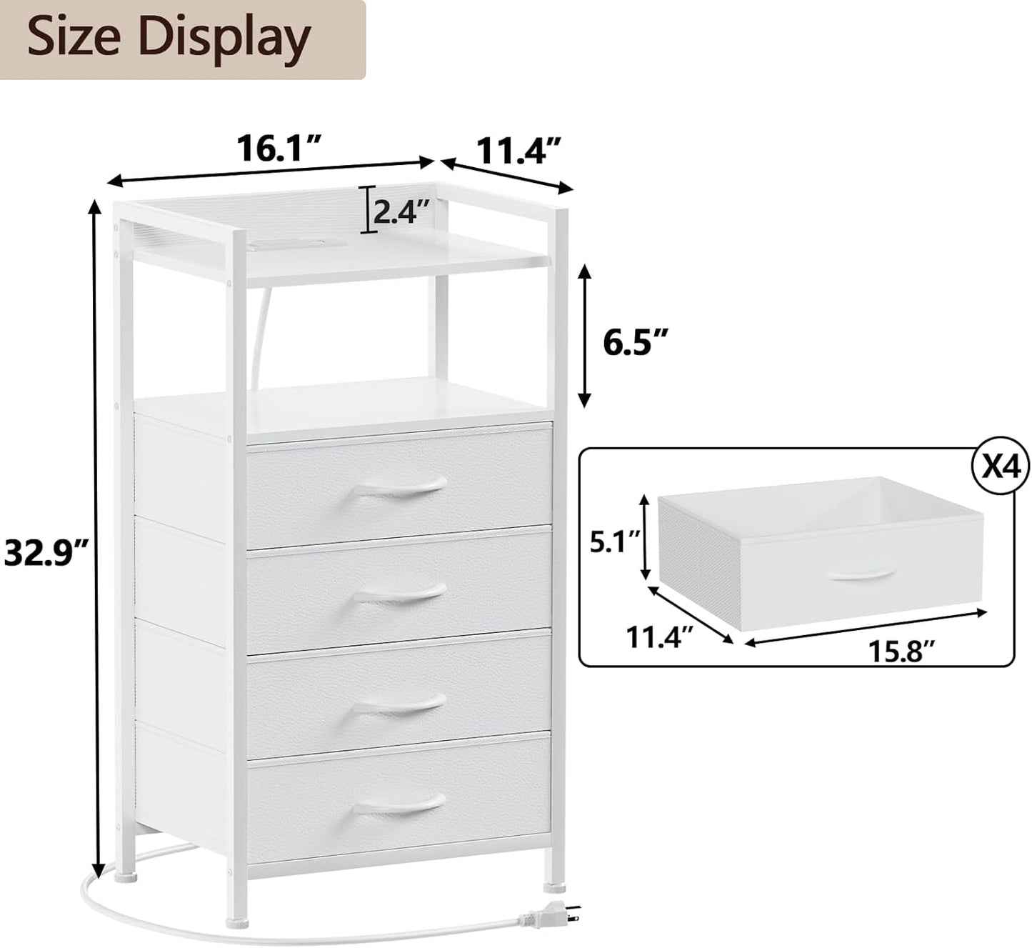 Furnulem White Nightstand with Charging Station, Night Stand Side Table with Led Light, Tall Dresser for Bedroom with 4 Fabric Storage Drawers, Metal Frame, Wood Shelf(White)