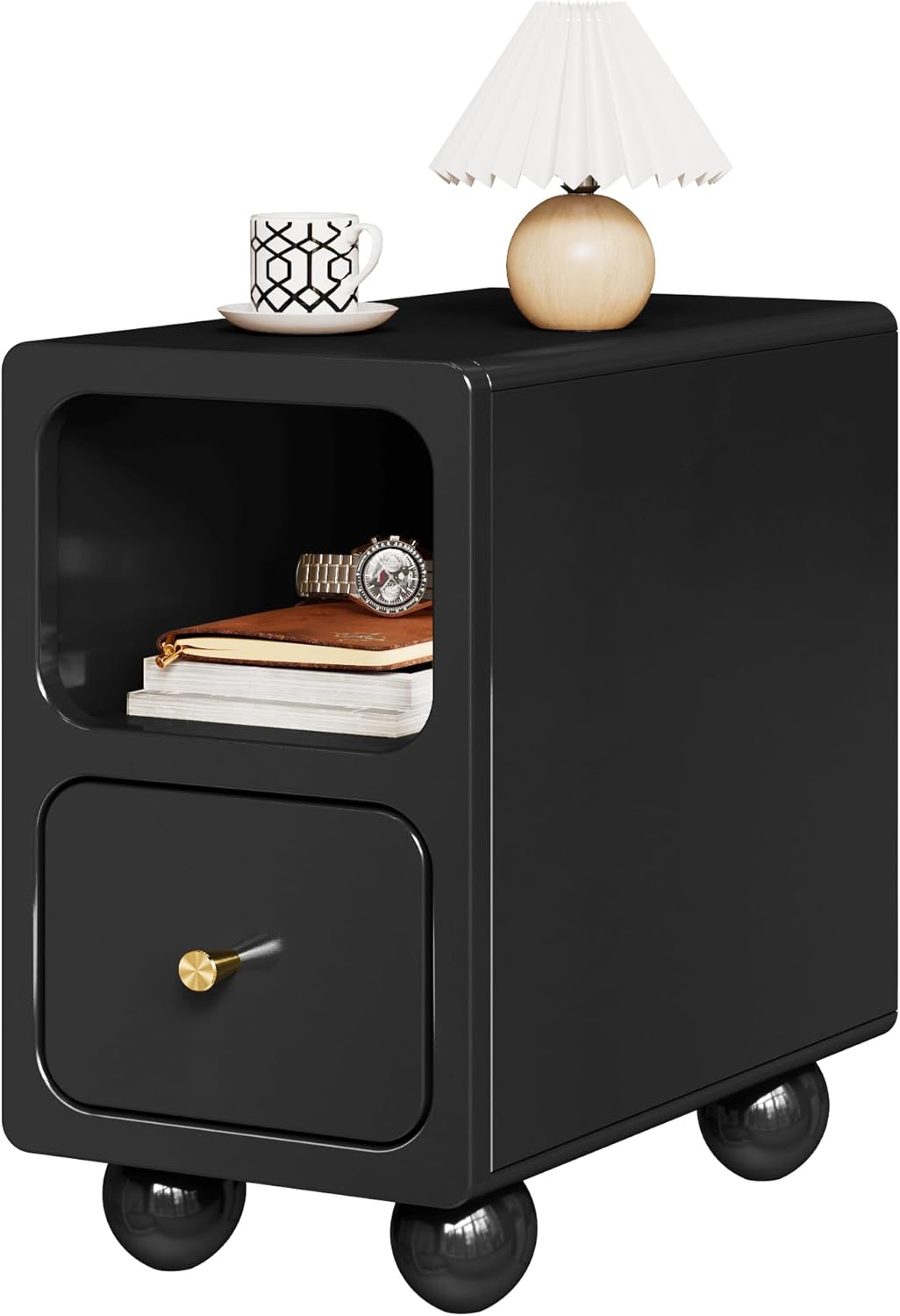 Solid Wood Nightstand, Narrow Night Stand with Drawers, Black Mid Century Modern Nightstand, Small Beside Table with Open Storage Shelf for Bedroom (10 inch)