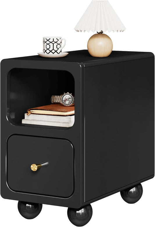 Solid Wood Nightstand, Narrow Night Stand with Drawers, Black Mid Century Modern Nightstand, Small Beside Table with Open Storage Shelf for Bedroom (10 inch)