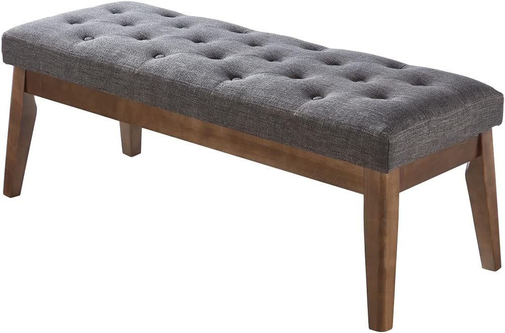24KF Linen Upholstered Buttons Tufted Entryway Bench with Solid Wood Leg,Bed Bench Ottoman with Padded Seat,5034-Dark Gray