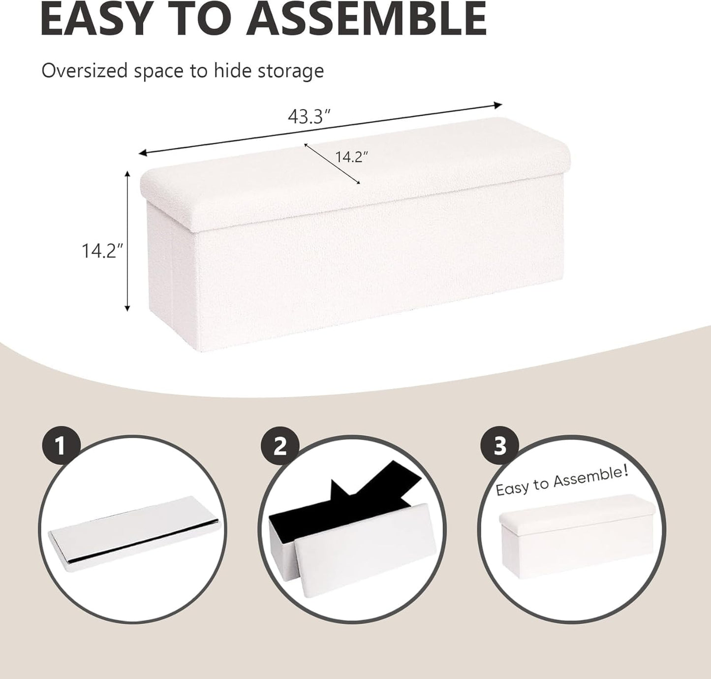 43 Inches Storage Ottoman Bench - Extra Large Foldable Ottoman with Storage, Bench for Living Room, Bedroom, Entryway - White