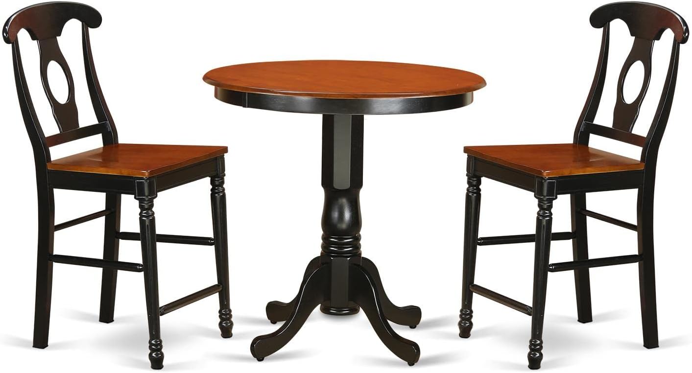 East West Furniture JAKE3-BLK-W 3 Piece Counter Height Dining Table Set Contains a Round Kitchen Table with Pedestal and 2 Dining Room Chairs, 36x36 Inch, Black & Cherry