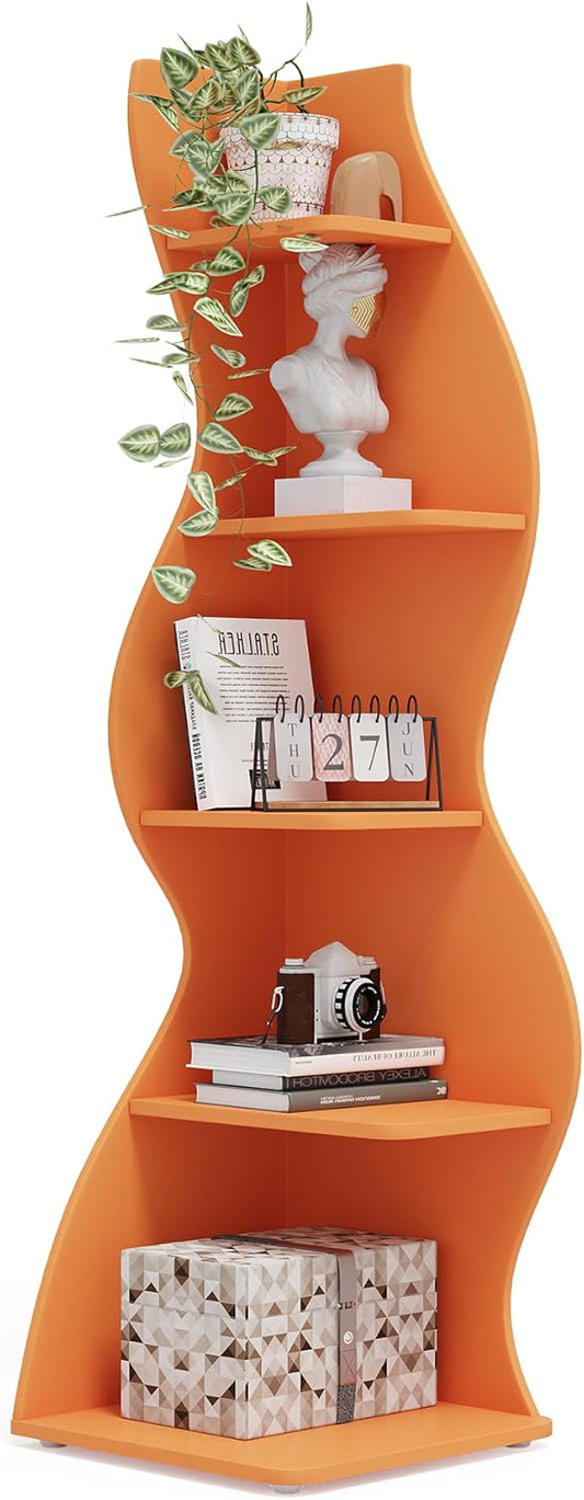 Tribesigns Corner Shelf, Modern 5-Tier Wall Corner Bookshelf, Stylish Corner Small Bookcase Storage Rack Plant Stand with Unique Shape for Living Room, Home Office (Orange, 1PC)