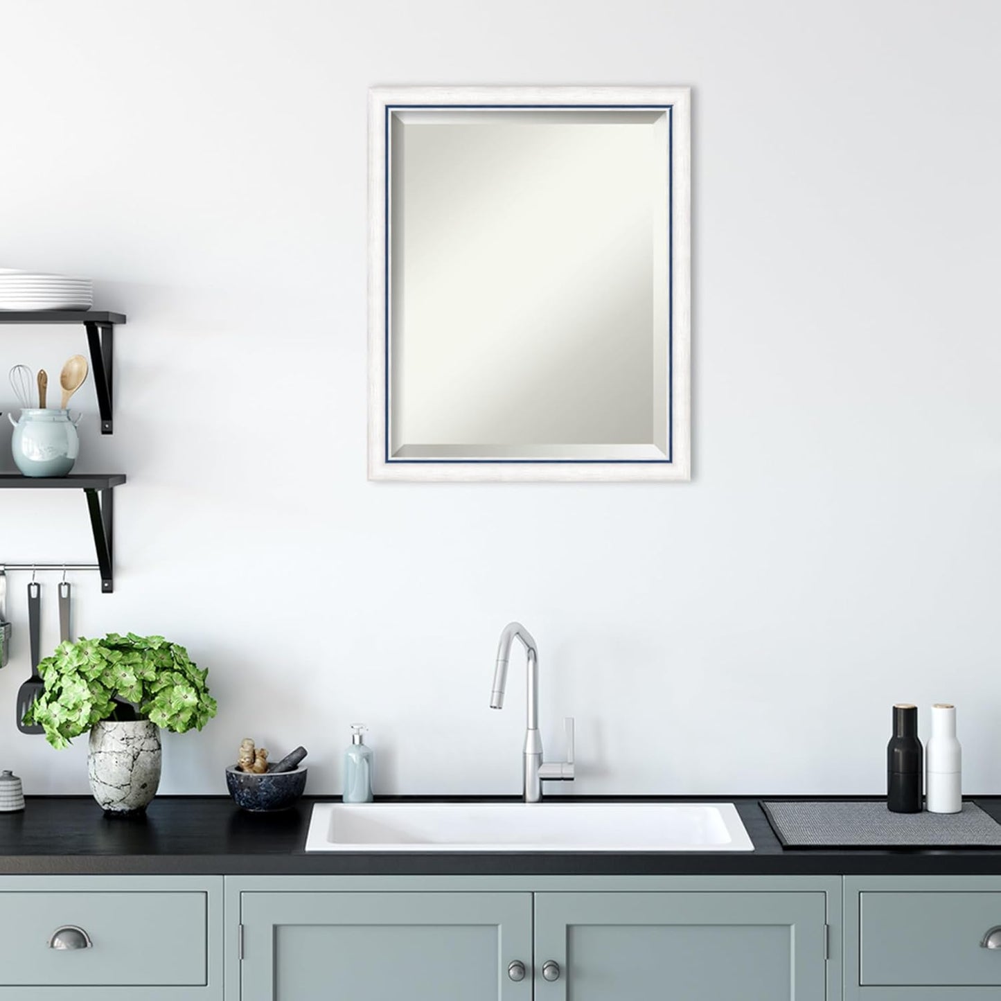 Amanti Art White Bathroom Mirror for Over Sink, 22x18 Morgan White Blue Rectangle Vanity Mirror, Small Modern Contemporary Wood Frame, Hangs Horizonally and Vertically, Bathroom Wall Decor, Beveled