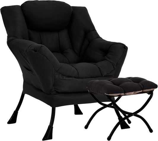 Lazy Chair with Ottoman, Large Modern Lounge Accent Chair with Armrests and Footrest, Reading Armchair with Ottoman, Leisure Sofa Chair for Living Room, Bedroom, Dorm Room, Office（Black）