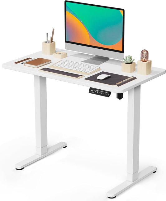 JOY worker Small Electric Standing Desk, 35" x 20" Whole Piece Height Adjustable Desk with Memory Controller, White Sit to Stand Desk Workstation for Home Office