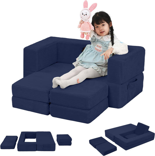 MeMoreCool Modular Kids Couch, Corduroy Play Toddler Couch for Bedroom Playroom Furniture, Convertible Foam Kids Sofa Bed, Fold Out Baby Sofa for Girl Boy, Navy