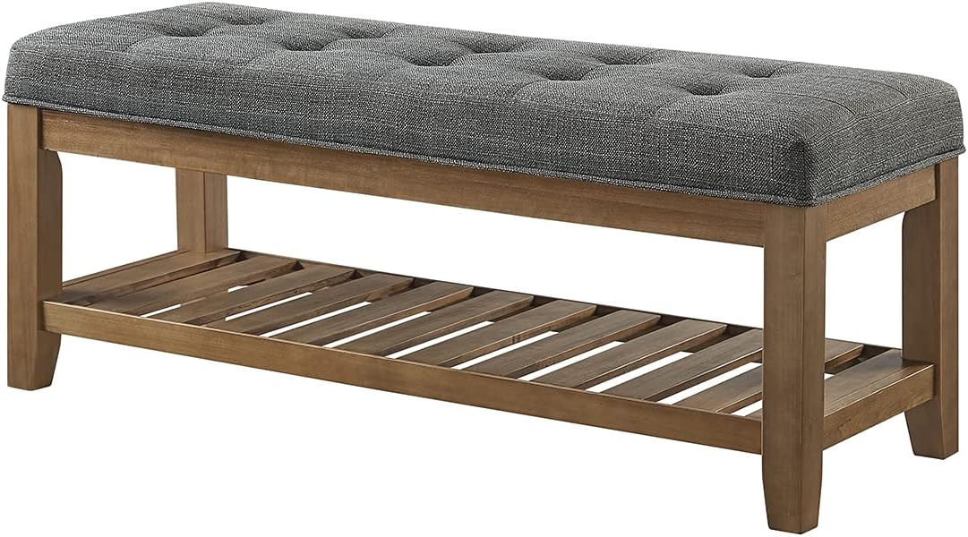 24KF Large Rectangular Upholstered Tufted Linen Fabric Ottoman Bench, Padded Bench with Solid Wood Shelf-Granite