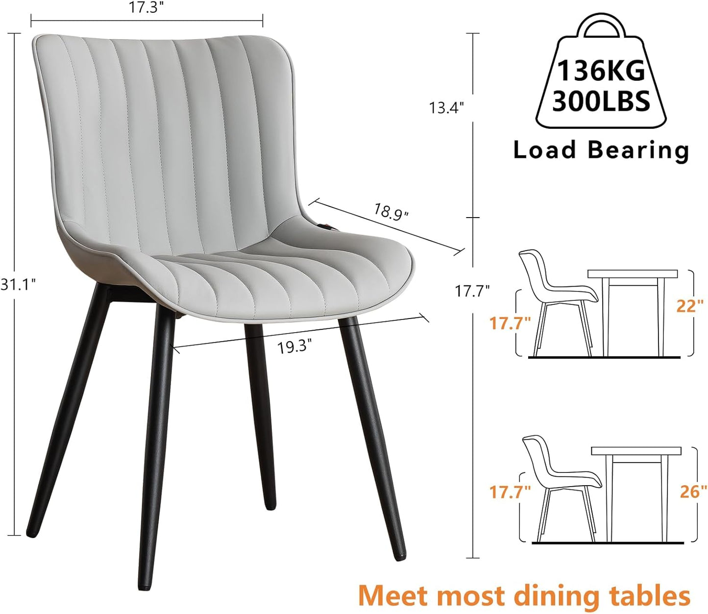 YOUNUOKE Mid-Century Modern Dining Chairs Set of 2, Grey PU Leather Upholstered Kitchen Chairs with Black Metal Legs, Armless Accent Chair for Dining Room, Guest Reception Room