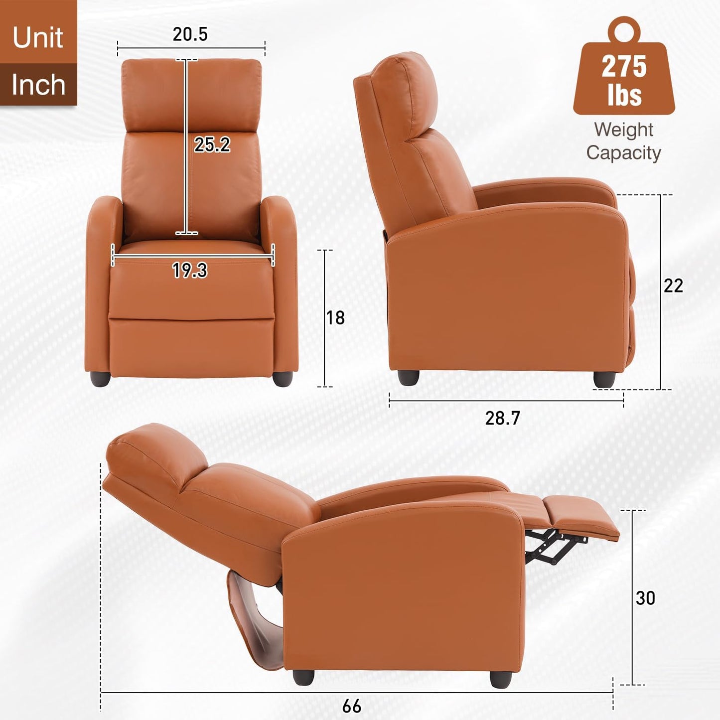 BestMassage | Recliner Chair | No Massage Function | Pu Tan | with Lumbar Support, Adjustable Push Back, Wide Armrests, Footrest & Padded Seat | Easy Assembly | for Living Room, Home Theatre