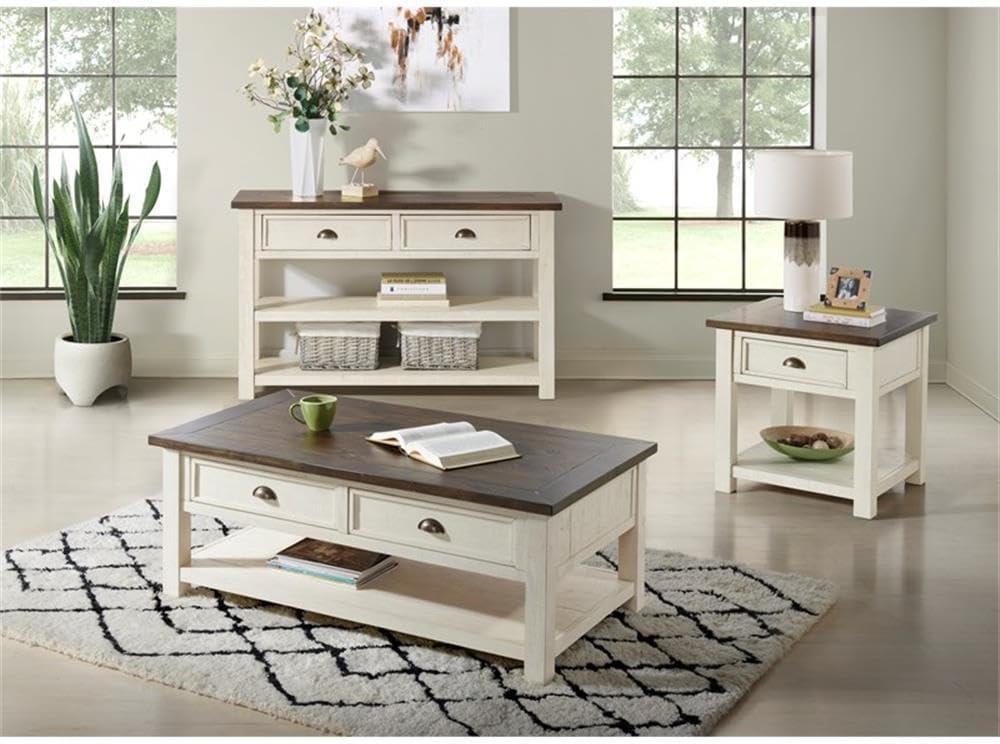 Martin Svensson Home Solid Wood Sofa Console Table, Cream White with Brown Top