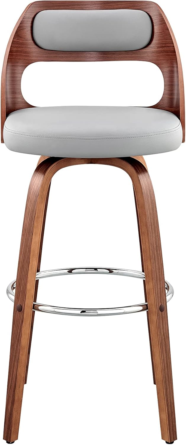 Armen Living Julius Mid Century Modern Swivel Bar Stool for Kitchen Island Counter in Gray Faux Leather and Walnut Wood, 26" Seat Height
