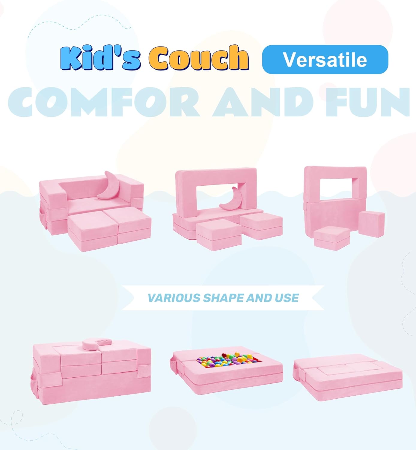 Modular Kids Sofa,Toddler Couch Foam Armchair for Kids, Children Convertible Plush Sofa Play Set,Fold Out SofaBed(Pink)