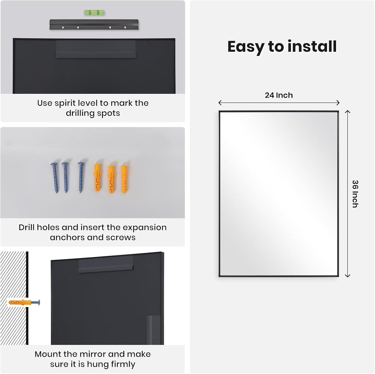 Melodieux Wall Vanity Bathroom Mirror for Over Sink, 24"x36" Rounded Rectangle Metal Deep Frame Wall Mounted Mirror Wall Decor for Living Room Hallway, Black