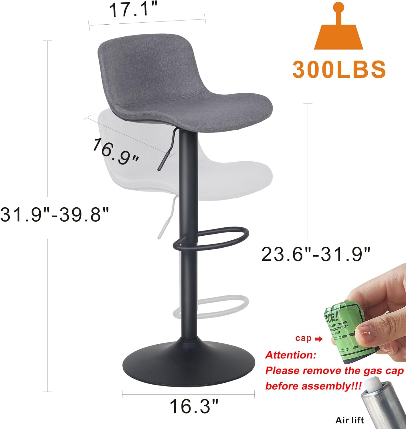 YOUTASTE Fabric Grey Bar Stools Set of 2, Adjustable Counter Height Barstools Swivel Modren Bar Stool with Back Metal Legs, Breakfast Bar Chairs for Kitchen Island Home Bistro