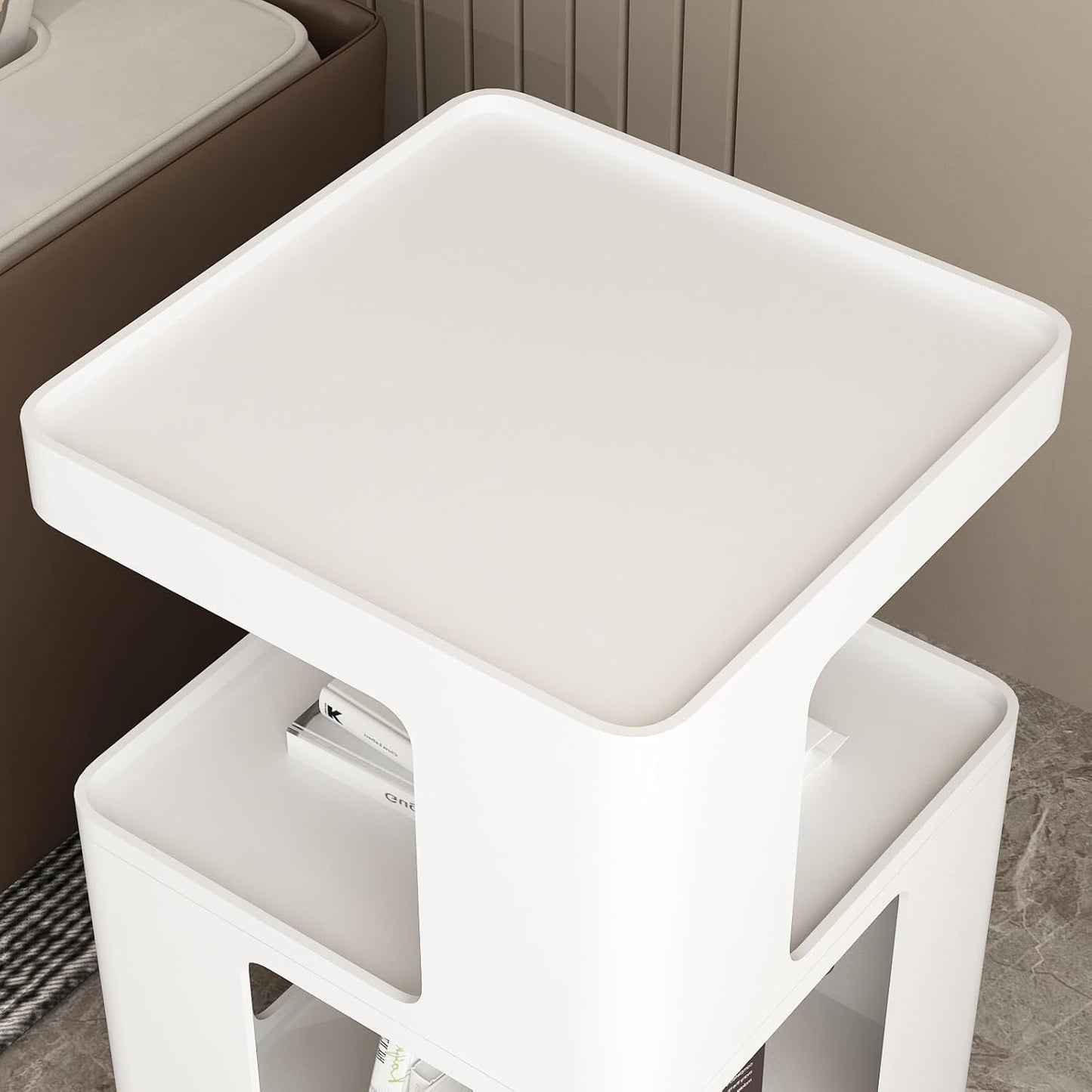 White Side Table, Modern Nightstand Metal End Table for Living Room Bedroom,Square Bedside Table-3 Tier Storage,Not Assemble Required