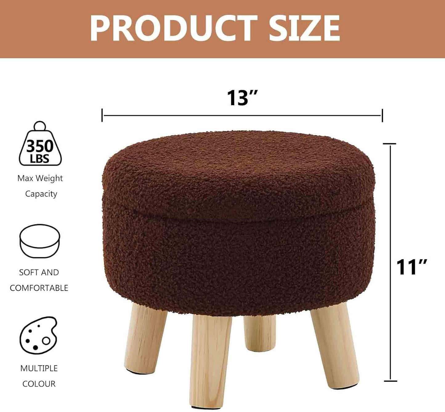 Wimarsbon Storage Ottoman, Modern Round Footrest with Soft Padded Seat, Teddy Velvet Footstool with Wood Legs, Accent Small Table or Plant Stand for Hallway, Living Room (Brown)