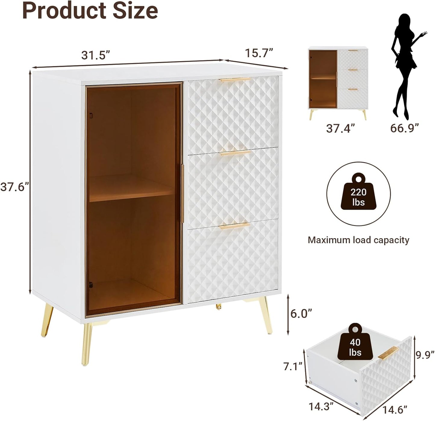 Rovibek Modern Sideboard Cabinet with Storage, Small Kitchen Buffet Cabinet with Glass Door & 3 Drawers, 31" Accent Sideboard Buffet for Kitchen, Living Room, White