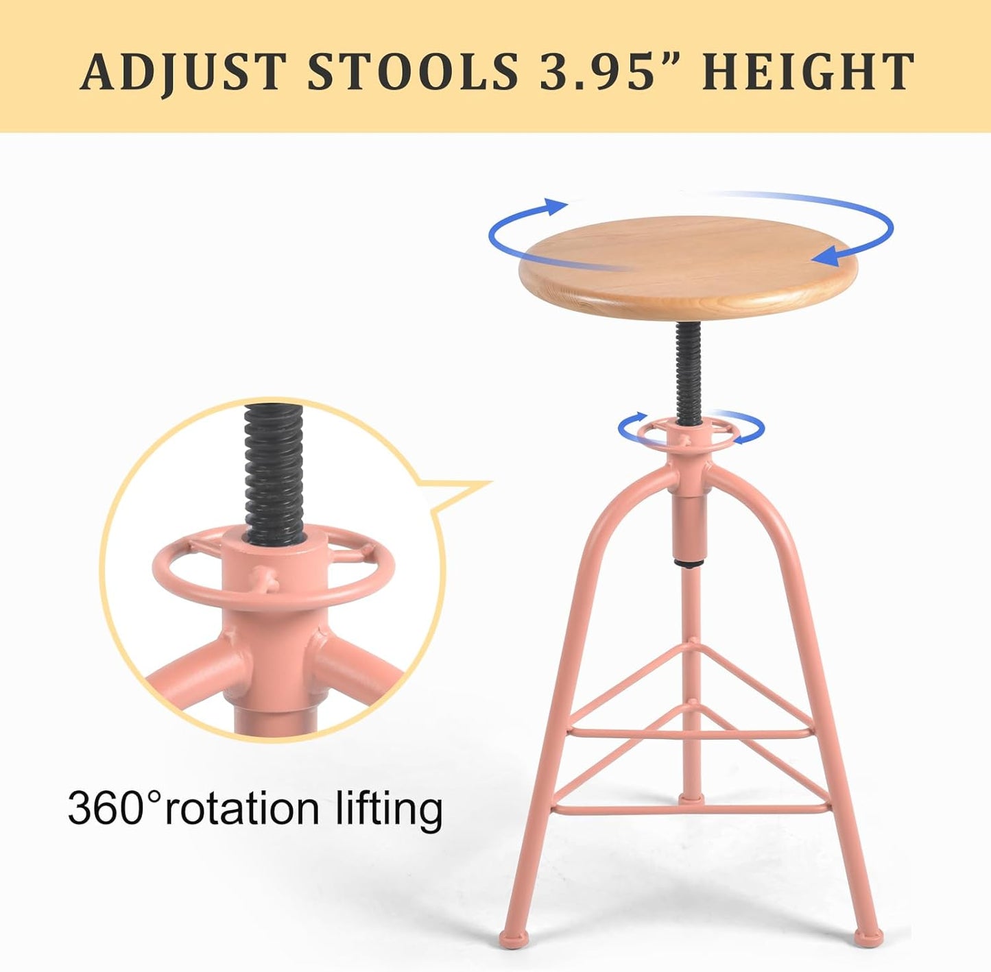 Set of 2 Modern Bar Stools-24.4-28.3 Counter Height Adjustable Patio Stool-Industrial Dining Stool for Home Kitchen-Retro Cafe Chairs with Swivel Wooden Seat