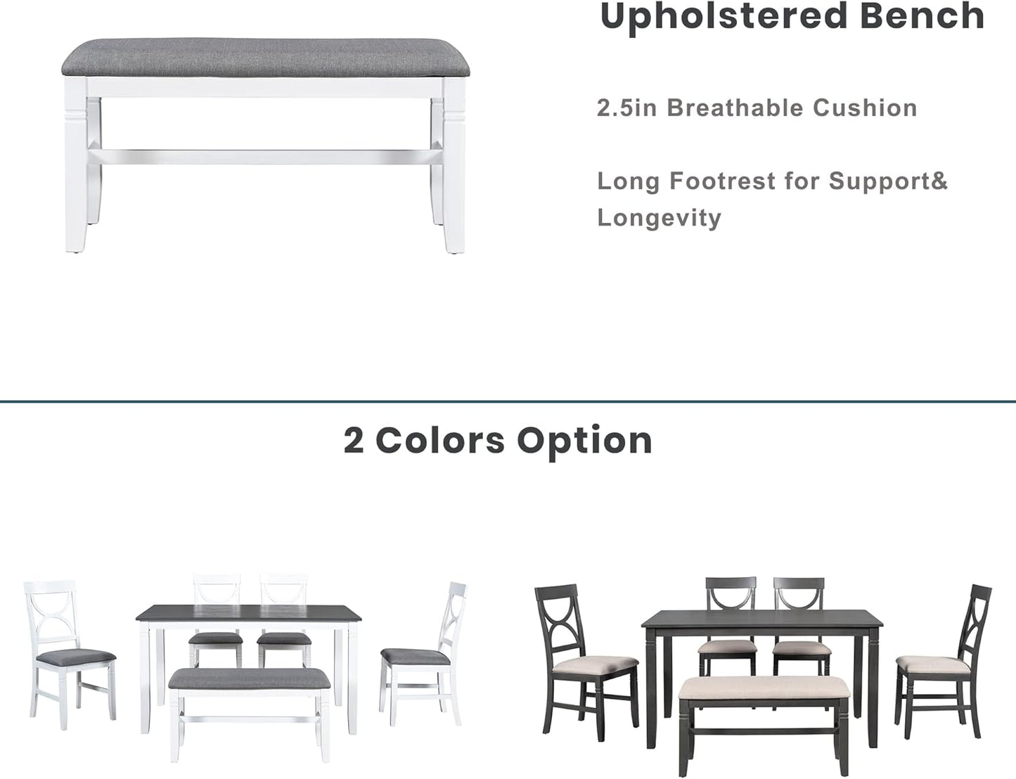 Ball & Cast 6 Piece Wood Dining Table Set,Kitchen Table Set with Upholstered Bench and 4 Dining Chairs,Farmhouse Living Room Furniture w/Carved Legs & Round Backrest,for Dining Room,Gray+White