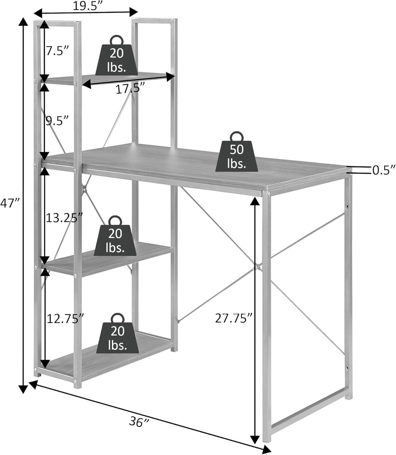 Convenience Concepts Desigsn2Go Office Workstation Desk 36" - Modern, Contemporary Writing Accent with Storage Shelves for Dorm Room & Home Study, Charcoal Gray